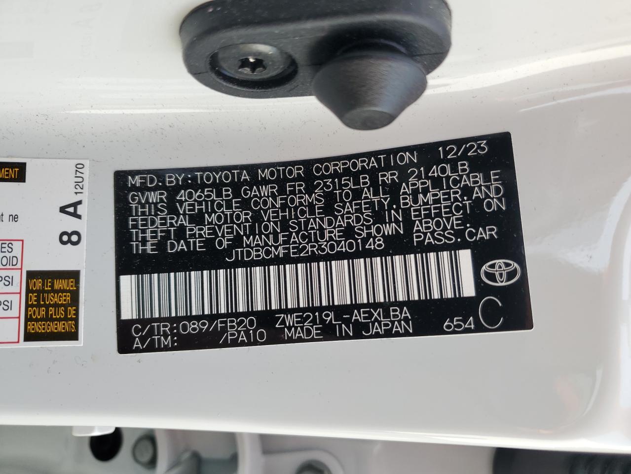 2024 TOYOTA COROLLA LE VIN:JTDBCMFE2R3040148