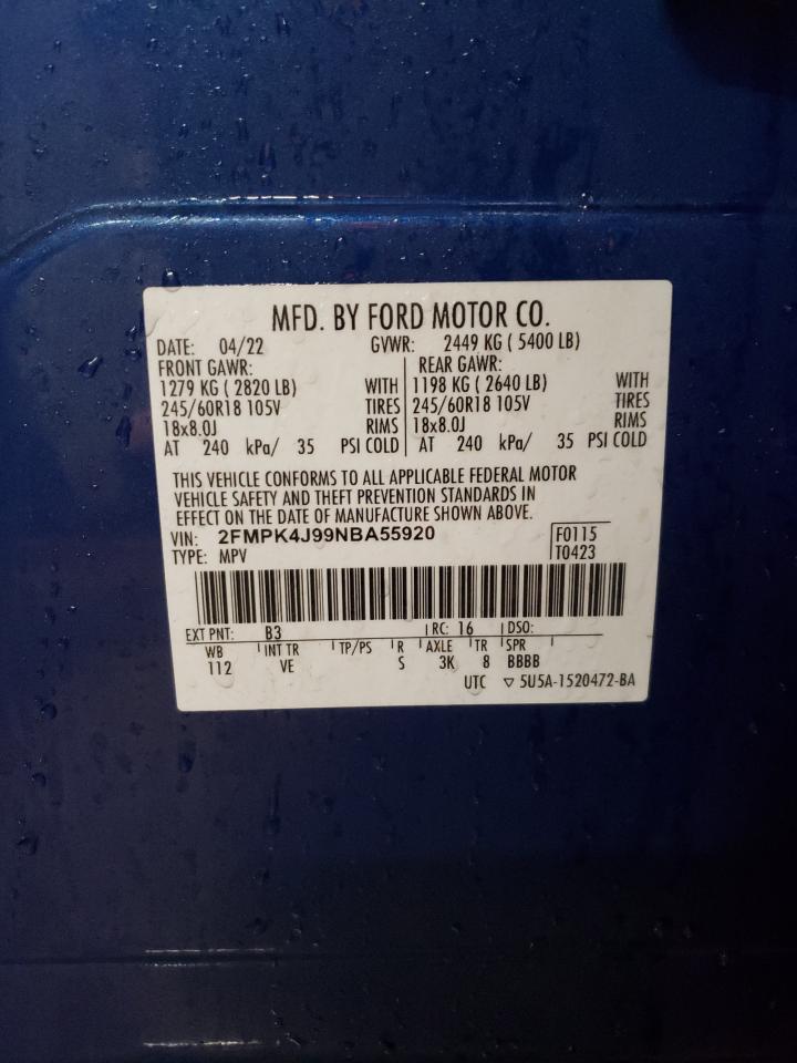 2022 FORD EDGE SEL VIN:2FMPK4J99NBA55920