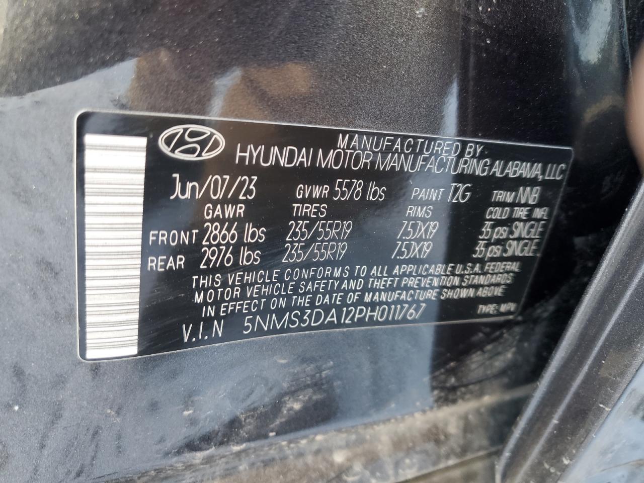 2023 HYUNDAI SANTA FE SEL PREMIUM VIN:5NMS3DA12PH011767