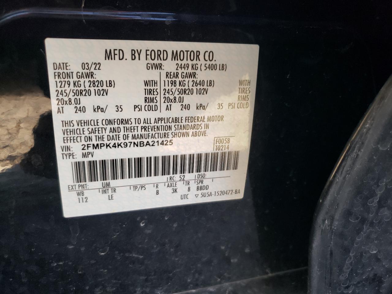 2022 FORD EDGE TITANIUM VIN:2FMPK4K97NBA21425