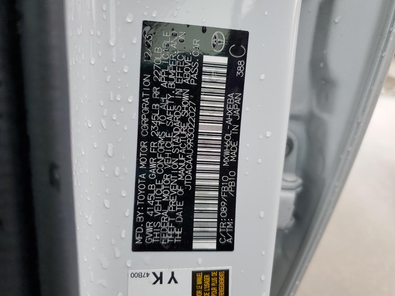 2024 TOYOTA PRIUS LE VIN:JTDACAAU9R3022027