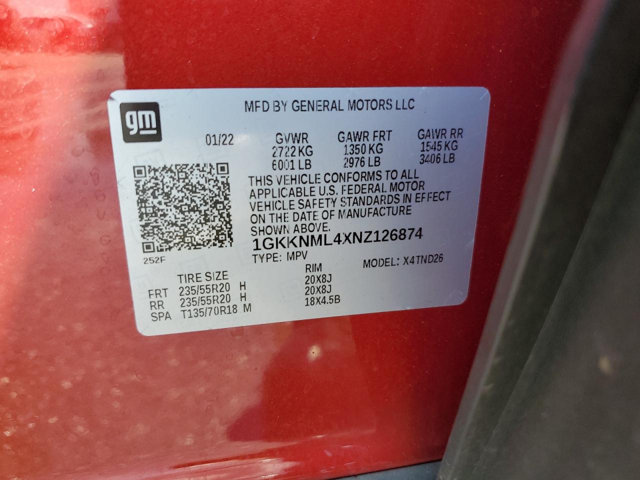 2022 GMC ACADIA SLT VIN:1GKKNML4XNZ126874