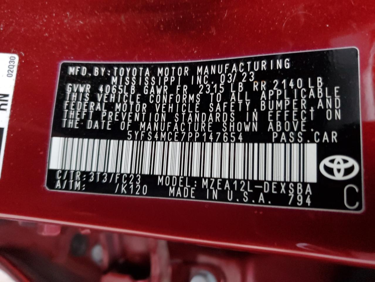 2023 TOYOTA COROLLA SE VIN:5YFS4MCE7PP147654