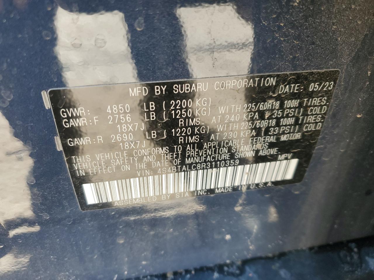 2024 SUBARU OUTBACK ONYX EDITION VIN:4S4BTALC8R3110359