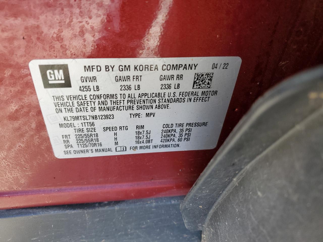 2022 CHEVROLET TRAILBLAZER RS VIN:KL79MTSL7NB123923