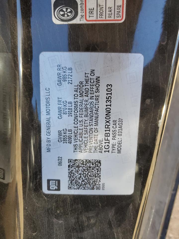 2022 CHEVROLET CAMARO LS VIN:1G1FB1RX0N0135103