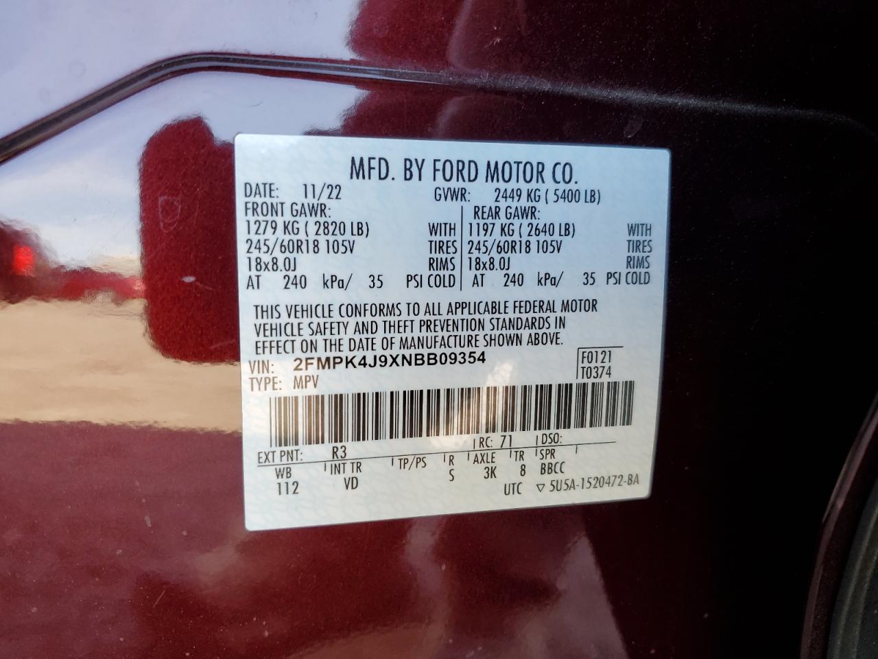 2022 FORD EDGE SEL VIN:2FMPK4J9XNBB09354