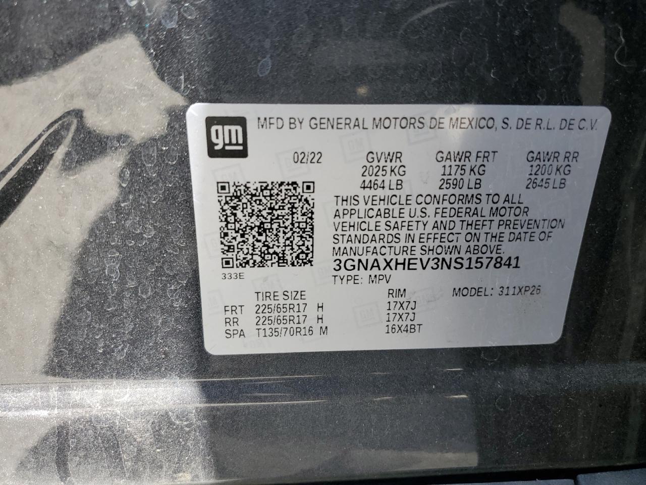 2022 CHEVROLET EQUINOX LS VIN:3GNAXHEV3NS157841