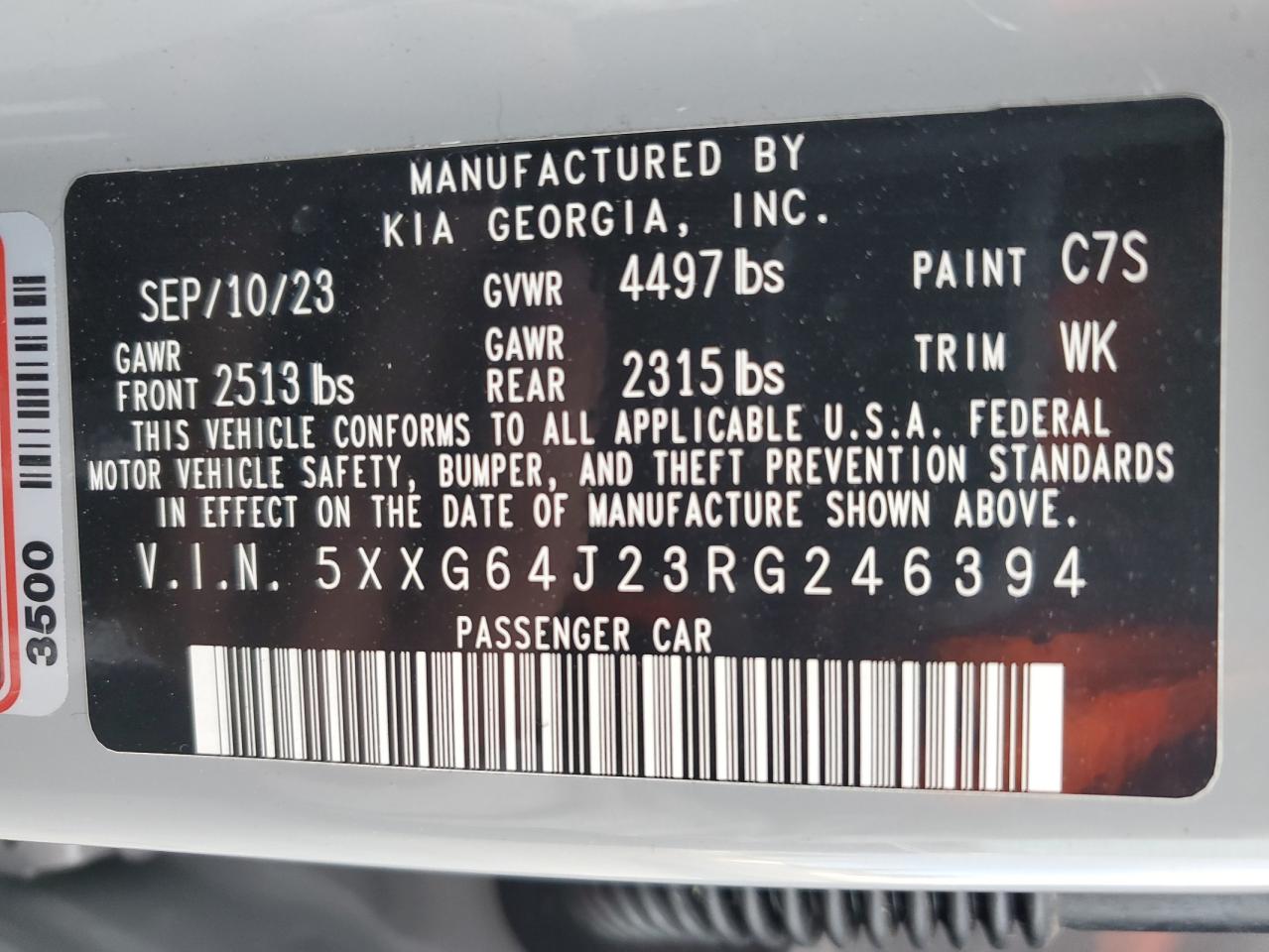 2024 KIA K5 GT LINE VIN:5XXG64J23RG246394