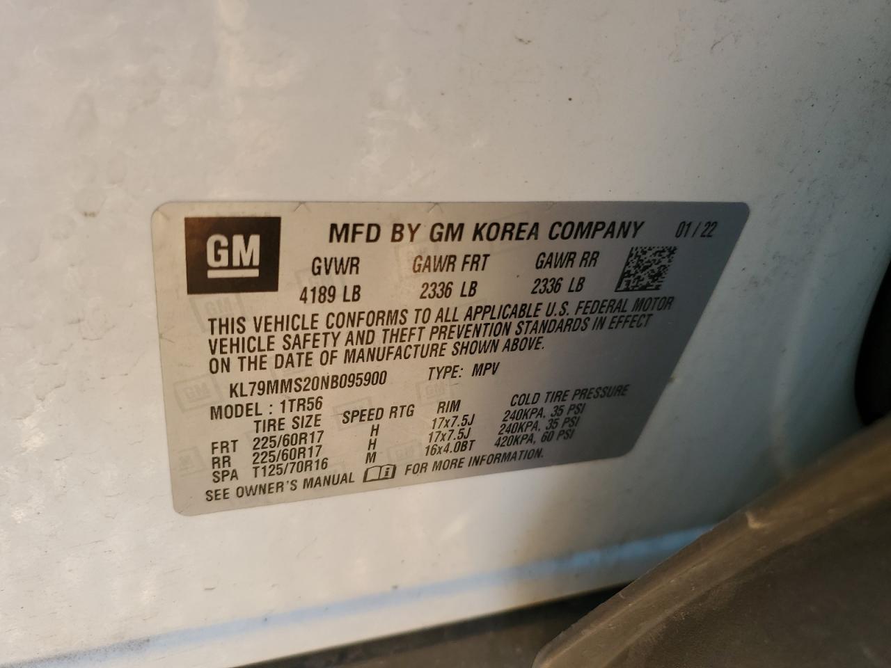 2022 CHEVROLET TRAILBLAZER LS VIN:KL79MMS20NB095900