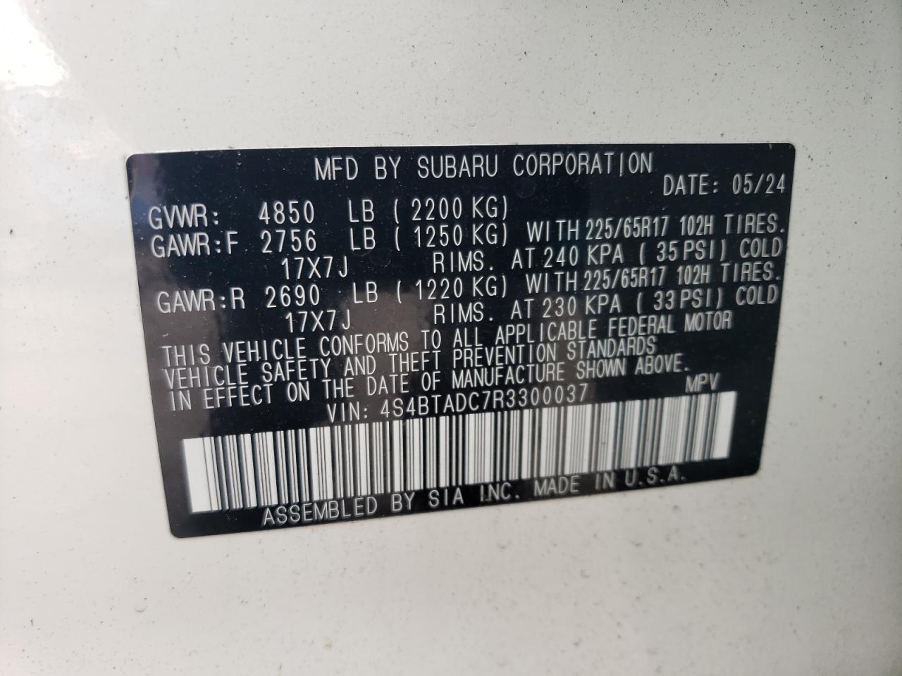 2024 SUBARU OUTBACK PREMIUM VIN:4S4BTADC7R3300037