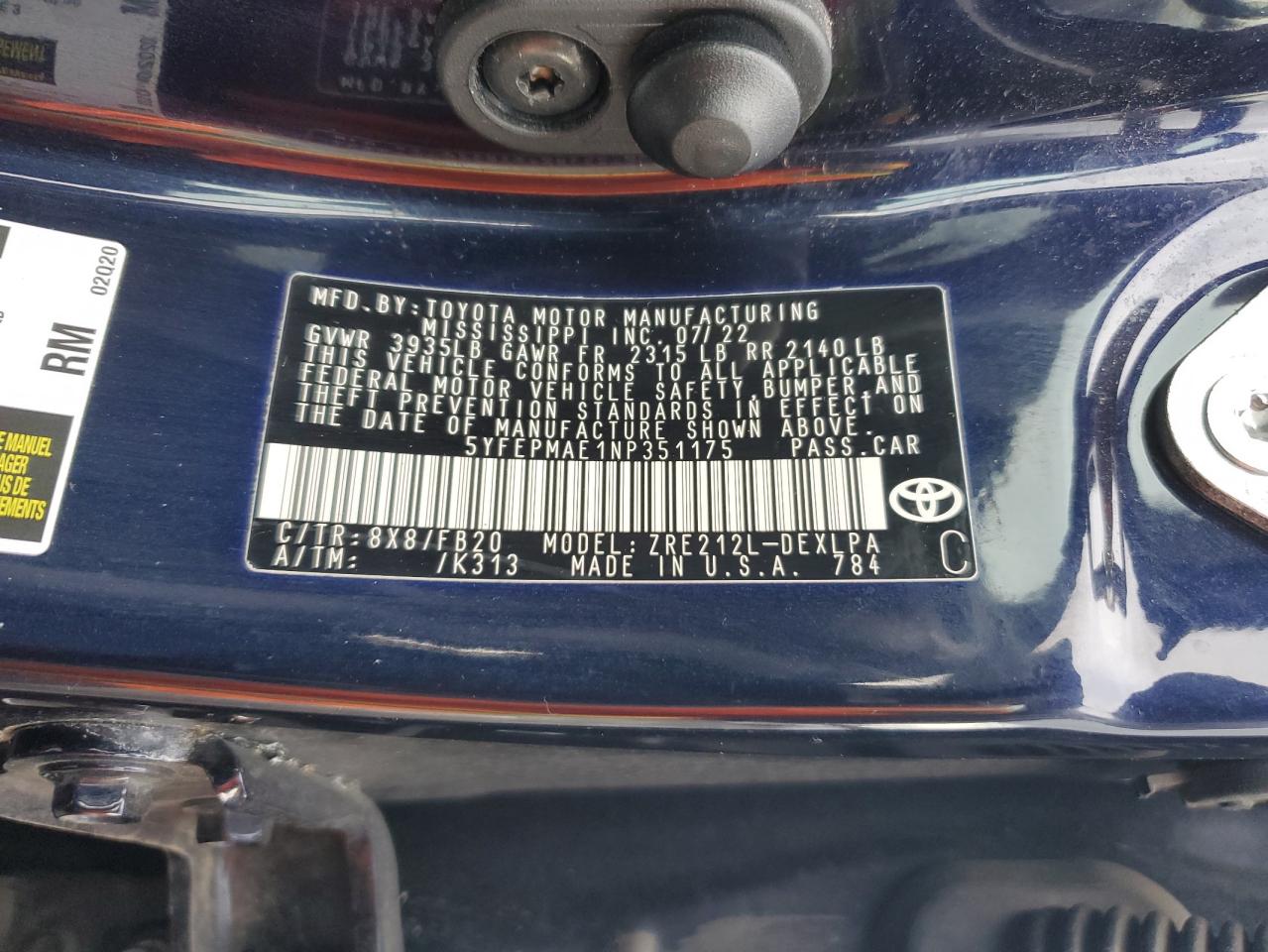2022 TOYOTA COROLLA LE VIN:5YFEPMAE1NP351175