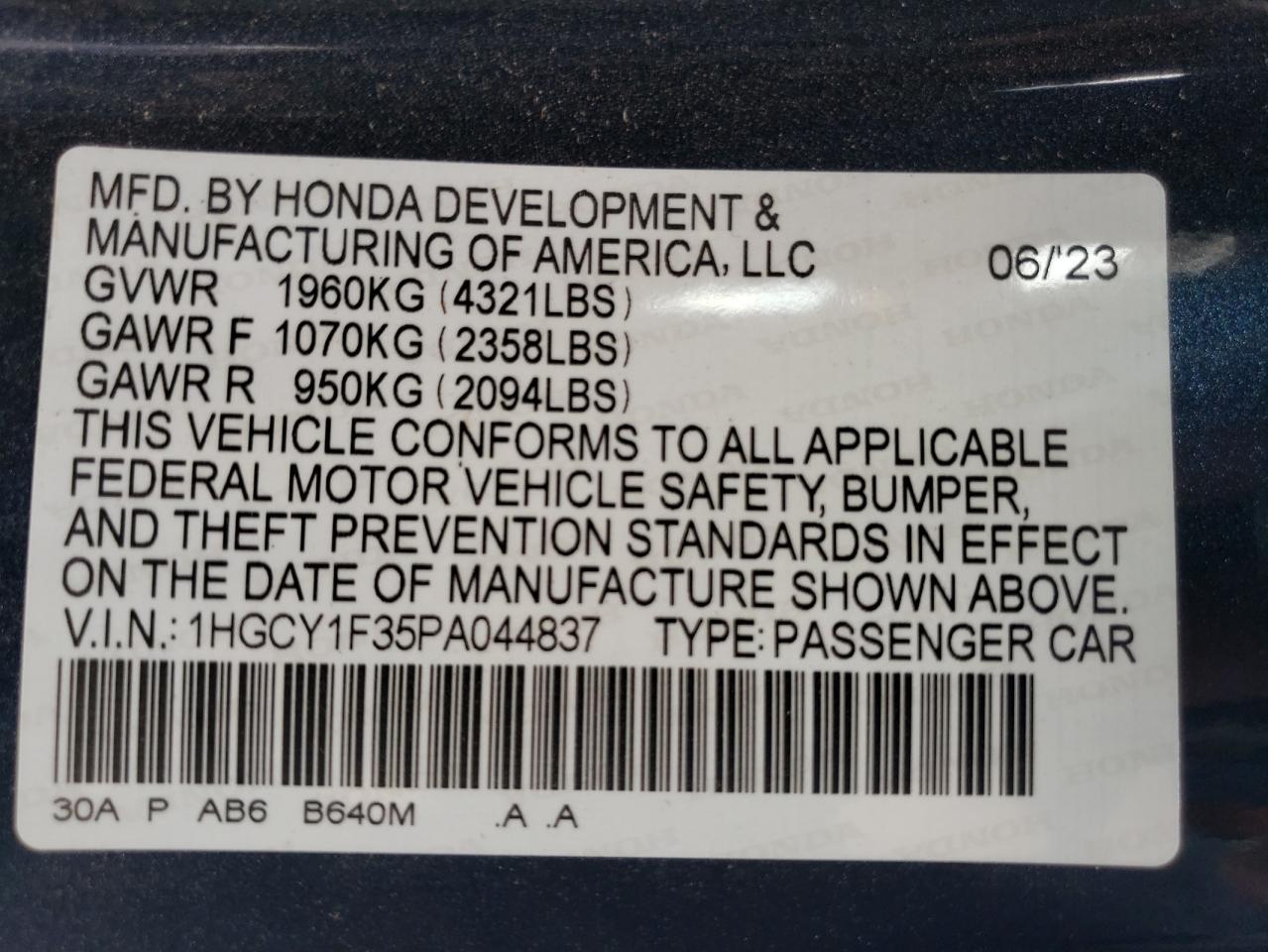 2023 HONDA ACCORD EX VIN:1HGCY1F35PA044837