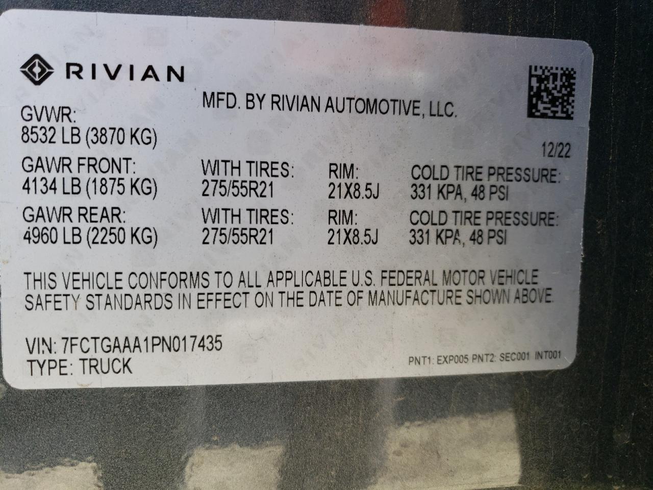 2023 RIVIAN R1T ADVENTURE VIN:7FCTGAAA1PN017435