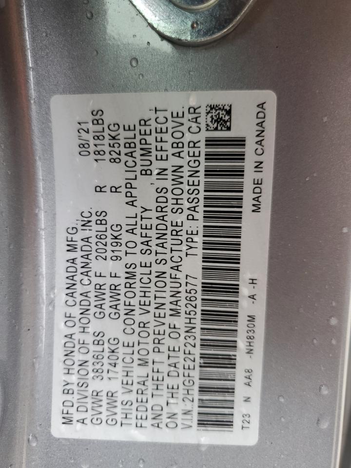 2022 HONDA CIVIC LX VIN:2HGFE2F23NH526577