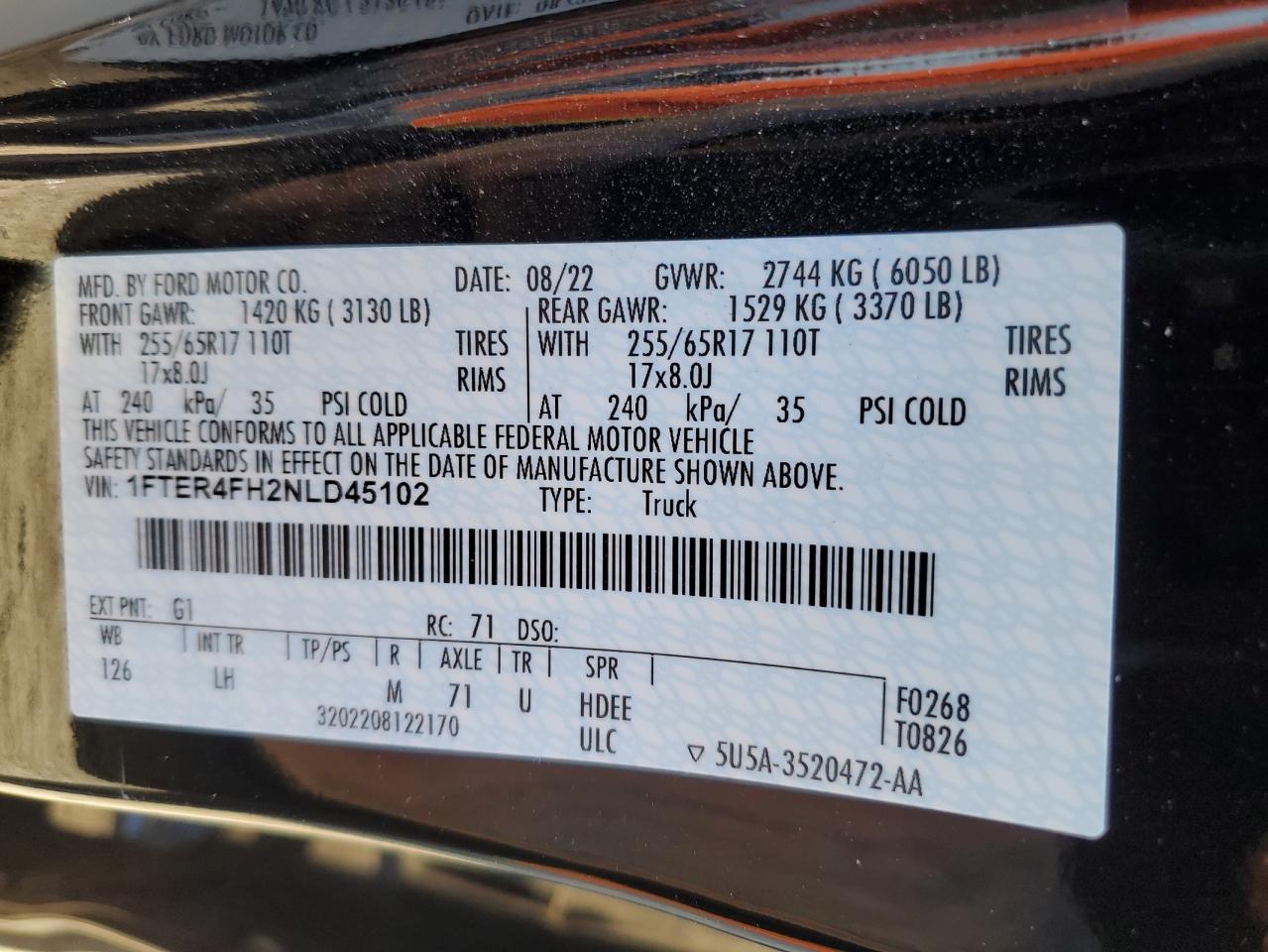 2022 FORD RANGER XL VIN:1FTER4FH2NLD45102