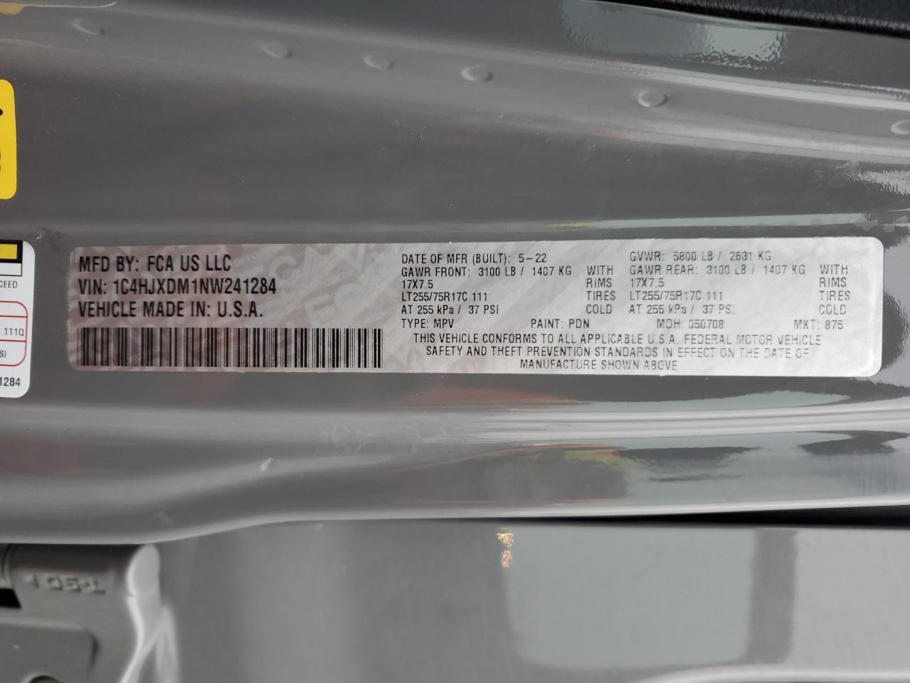 2022 JEEP WRANGLER UNLIMITED SPORT VIN:1C4HJXDM1NW241284