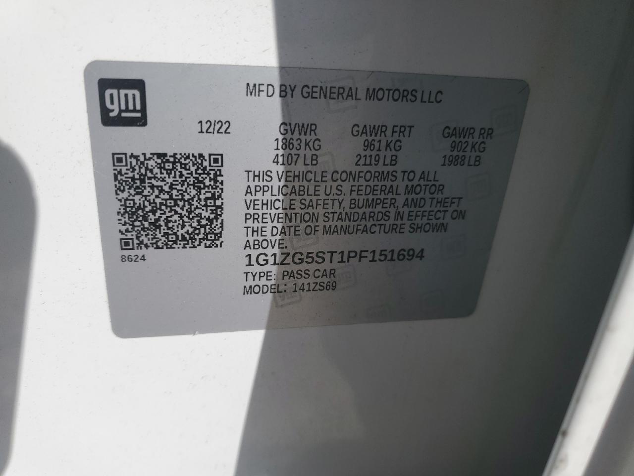 2023 CHEVROLET MALIBU RS VIN:1G1ZG5ST1PF151694