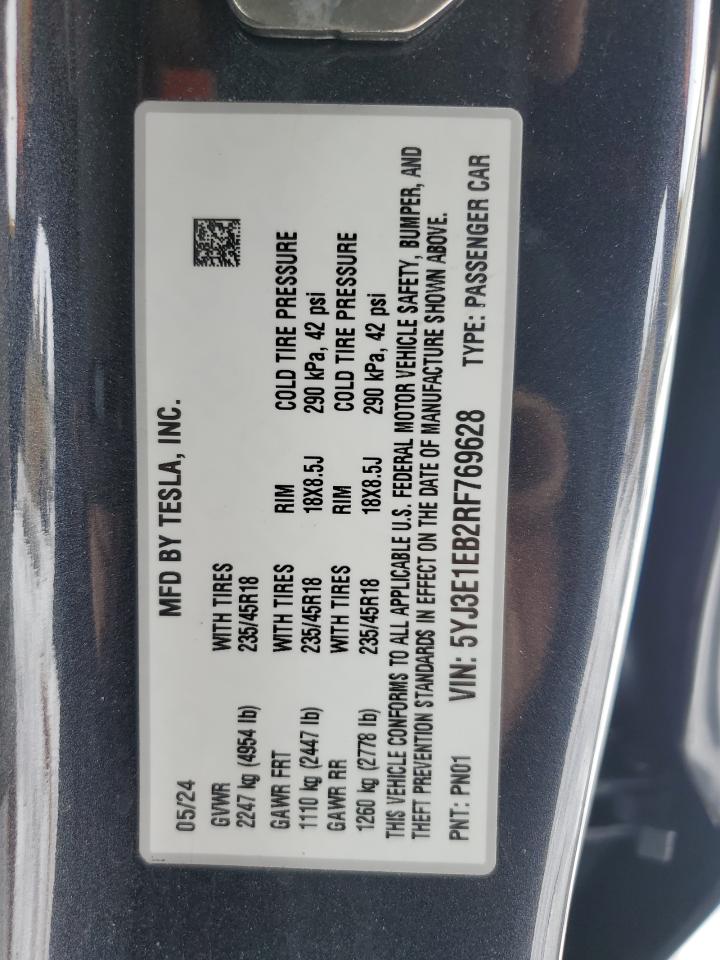 2024 TESLA MODEL 3  VIN:5YJ3E1EB2RF769628