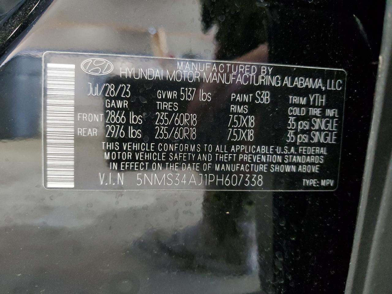 2023 HYUNDAI SANTA FE SEL PREMIUM VIN:5NMS34AJ1PH607338