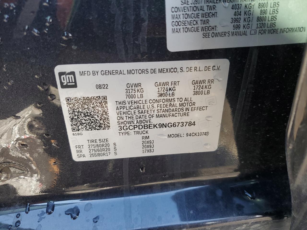 2022 CHEVROLET SILVERADO K1500 CUSTOM VIN:3GCPDBEK9NG673784