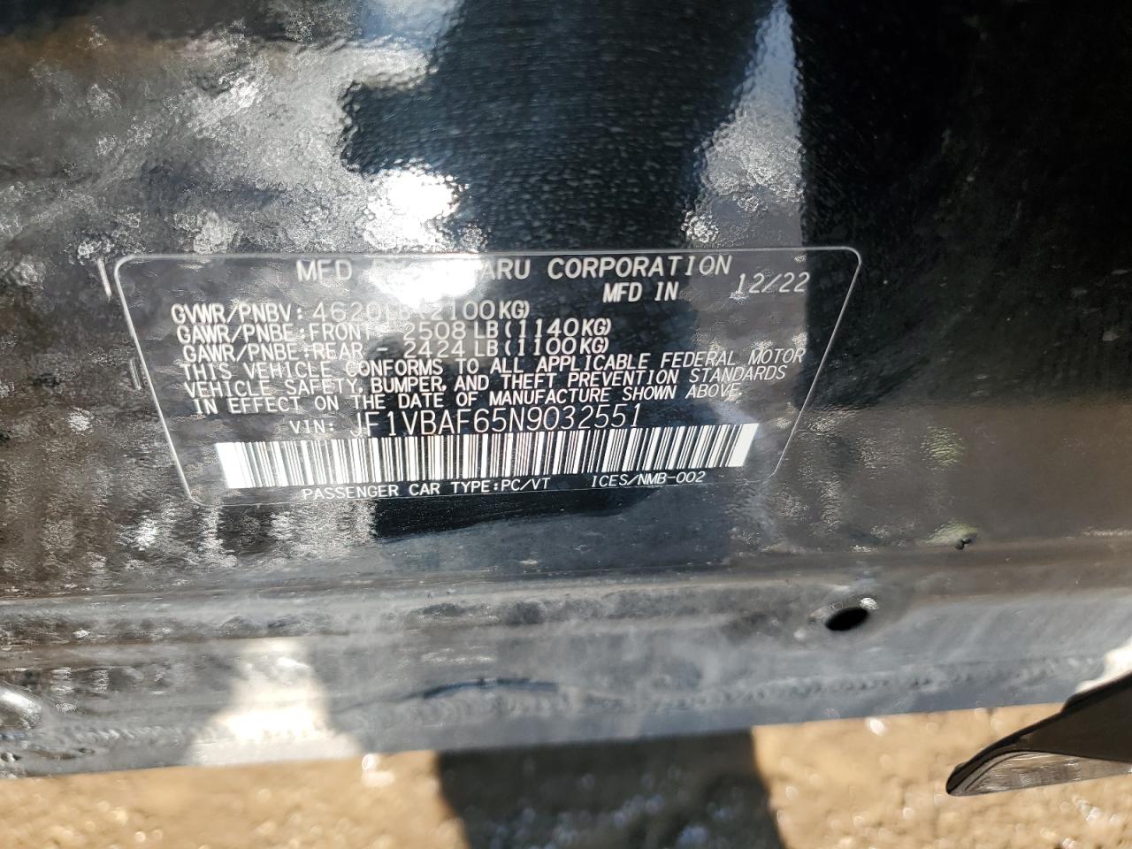 2022 SUBARU WRX PREMIUM VIN:JF1VBAF65N9032551