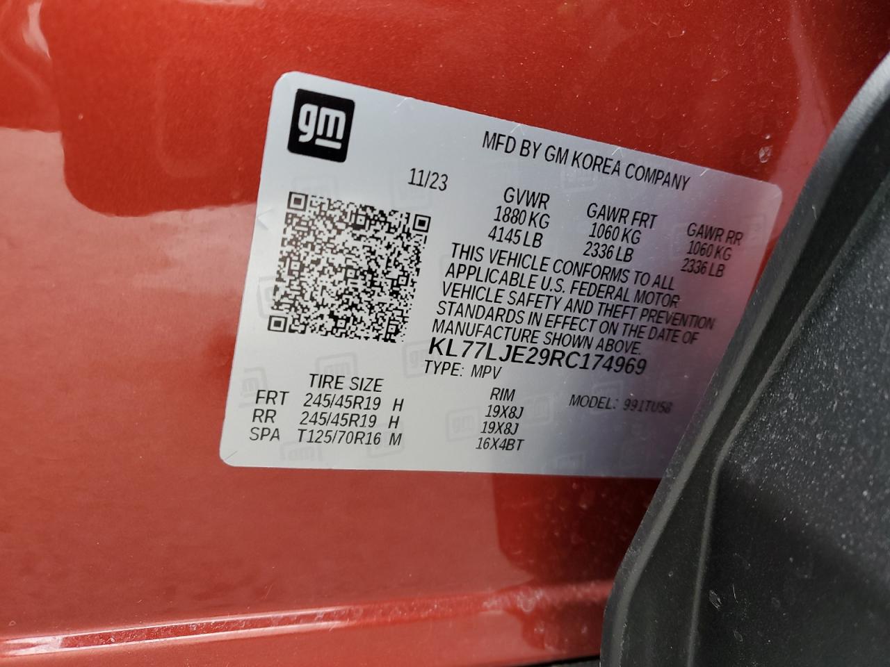 2024 CHEVROLET TRAX 2RS VIN:KL77LJE29RC174969