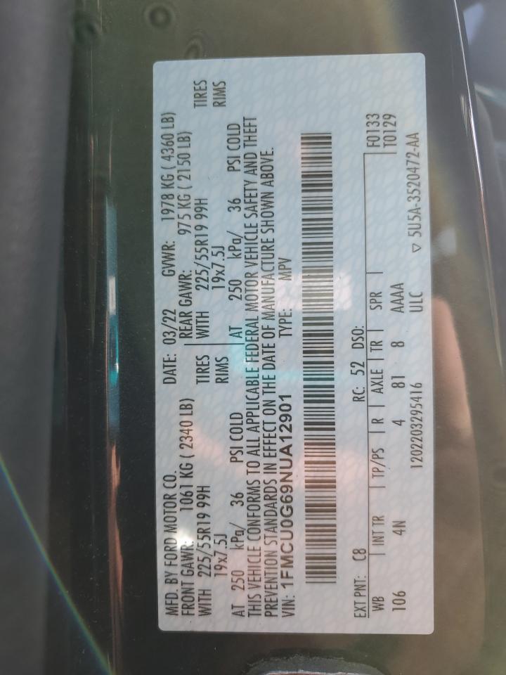2022 FORD ESCAPE SE VIN:1FMCU0G69NUA12901