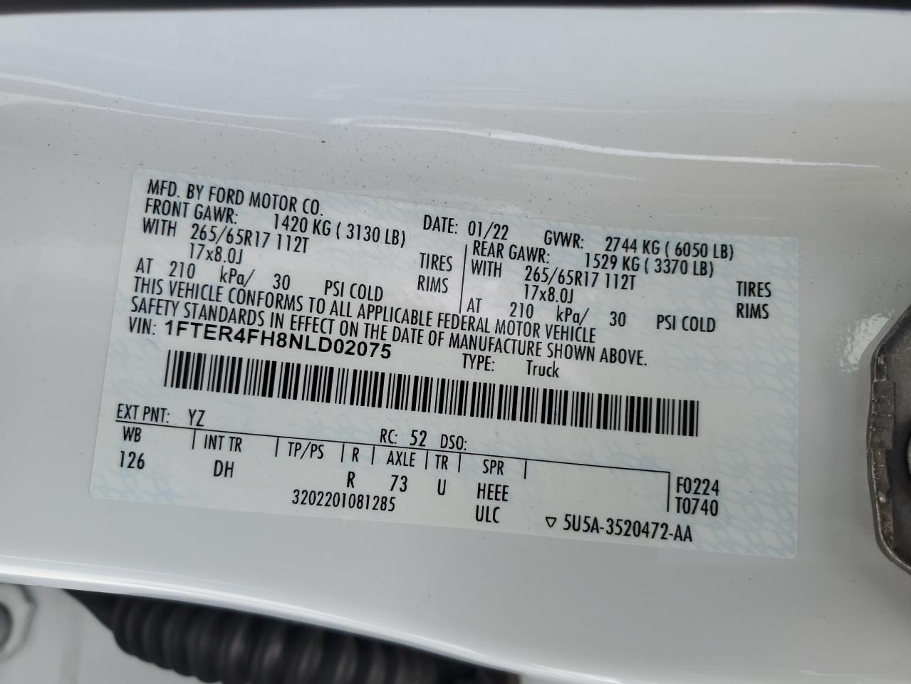 2022 FORD RANGER XL VIN:1FTER4FH8NLD02075