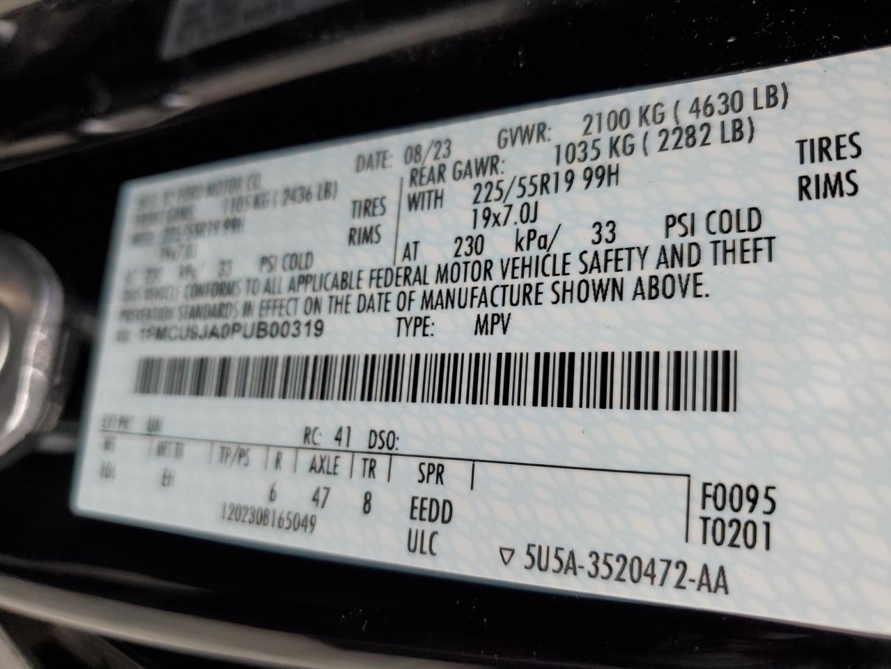 2023 FORD ESCAPE PLATINUM VIN:1FMCU9JA0PUB00319