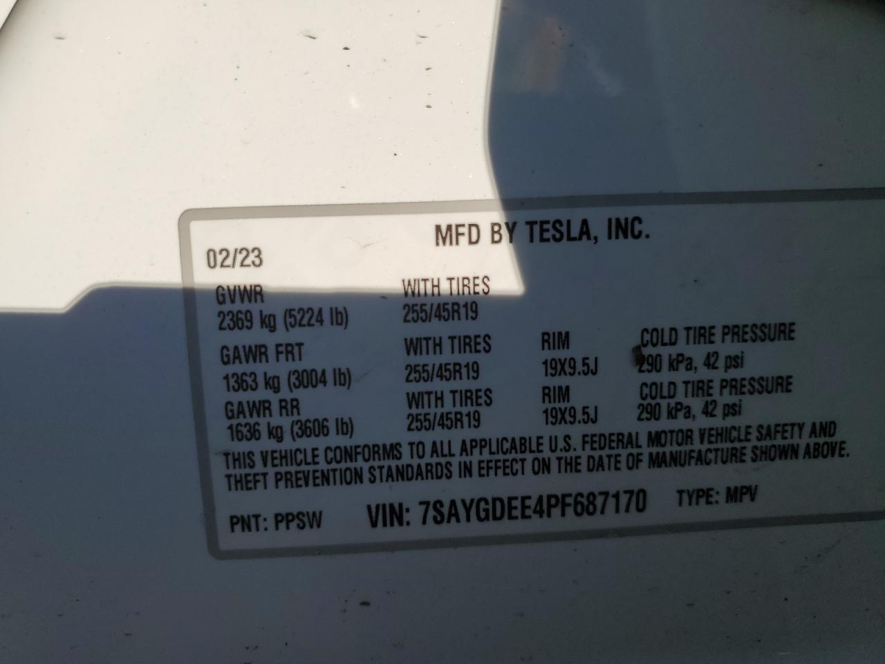 2023 TESLA MODEL Y  VIN:7SAYGDEE4PF687170
