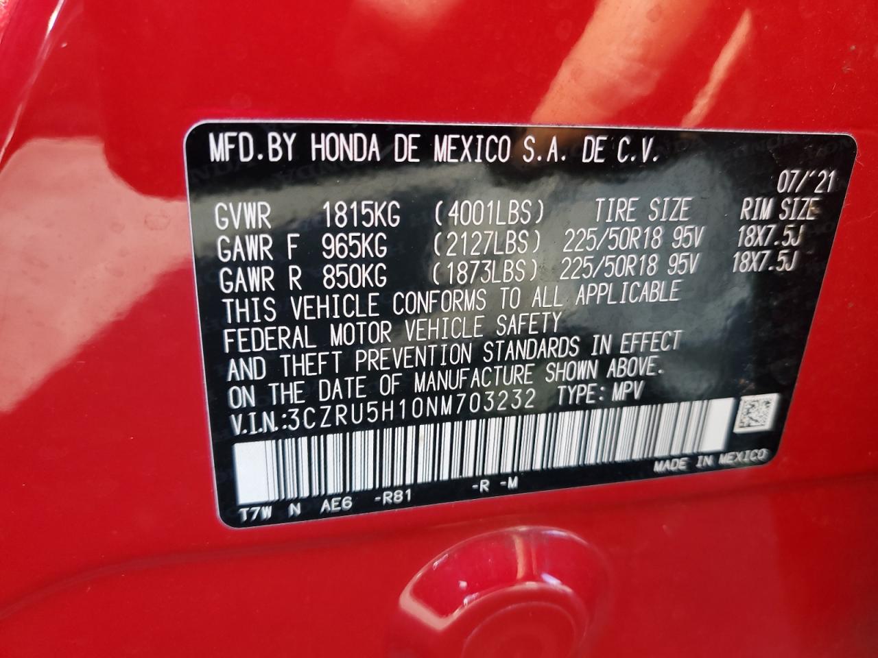 2022 HONDA HR-V SPORT VIN:3CZRU5H10NM703232