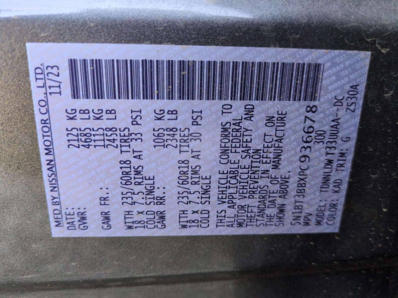 2023 NISSAN ROGUE SV VIN:5N1BT3BBXPC936678