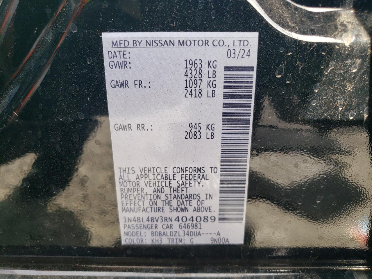 2024 NISSAN ALTIMA S VIN:1N4BL4BV3RN404089