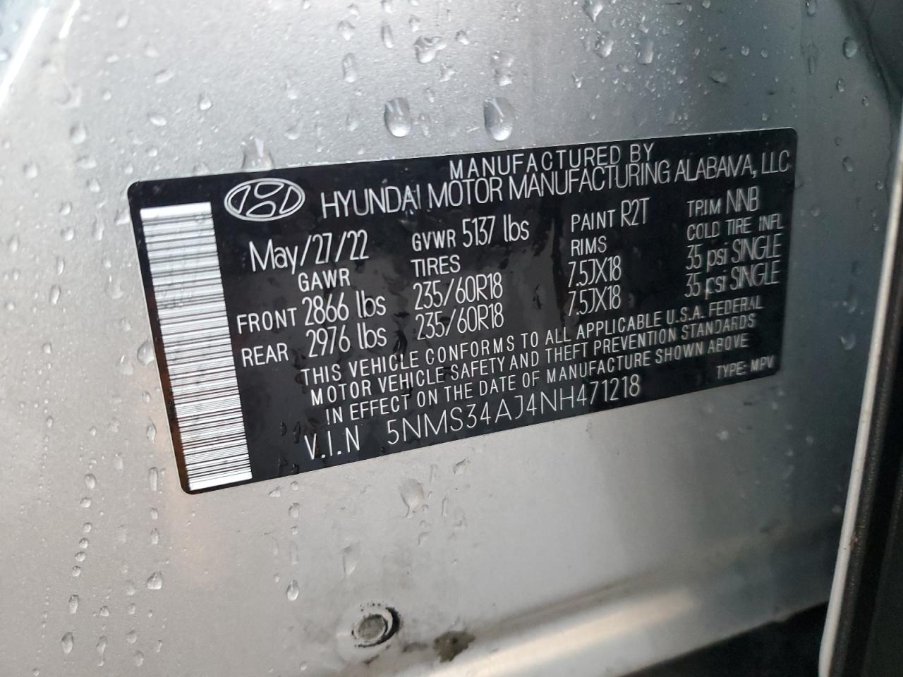 2022 HYUNDAI SANTA FE SEL VIN:5NMS34AJ4NH471218