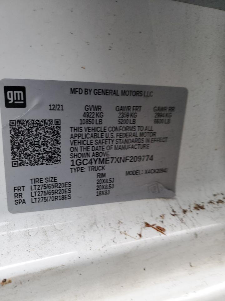 2022 CHEVROLET SILVERADO K2500 CUSTOM VIN:1GC4YME7XNF209774