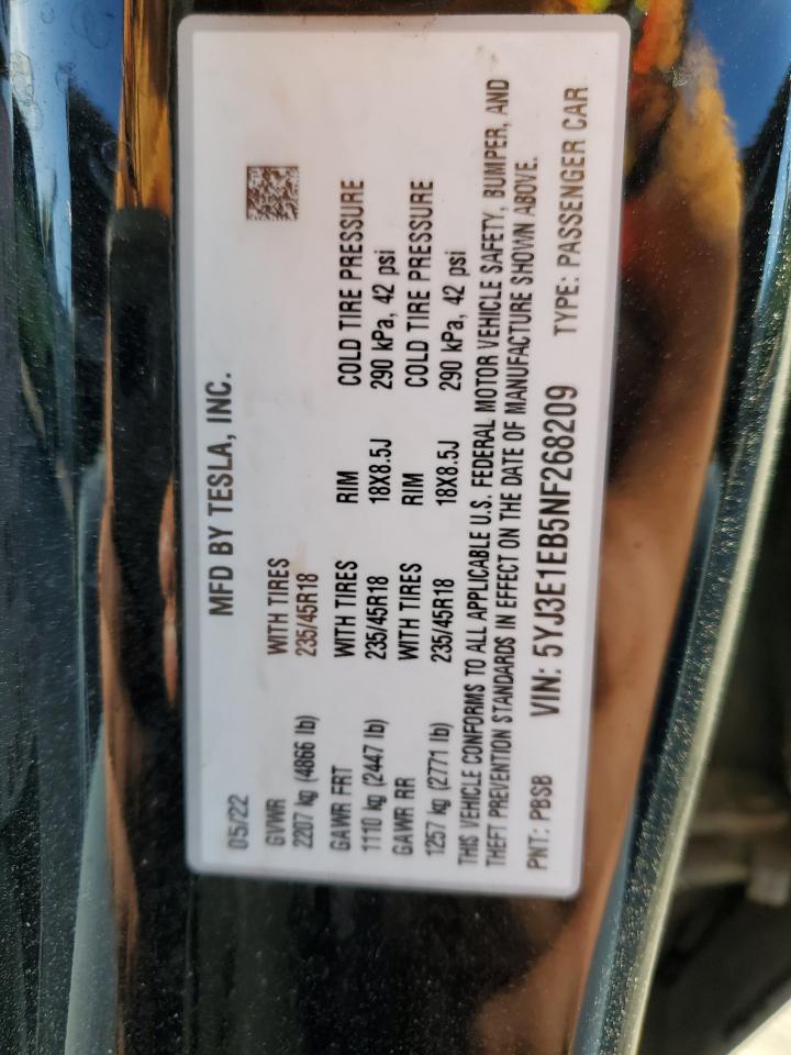 2022 TESLA MODEL 3  VIN:5YJ3E1EB5NF268209