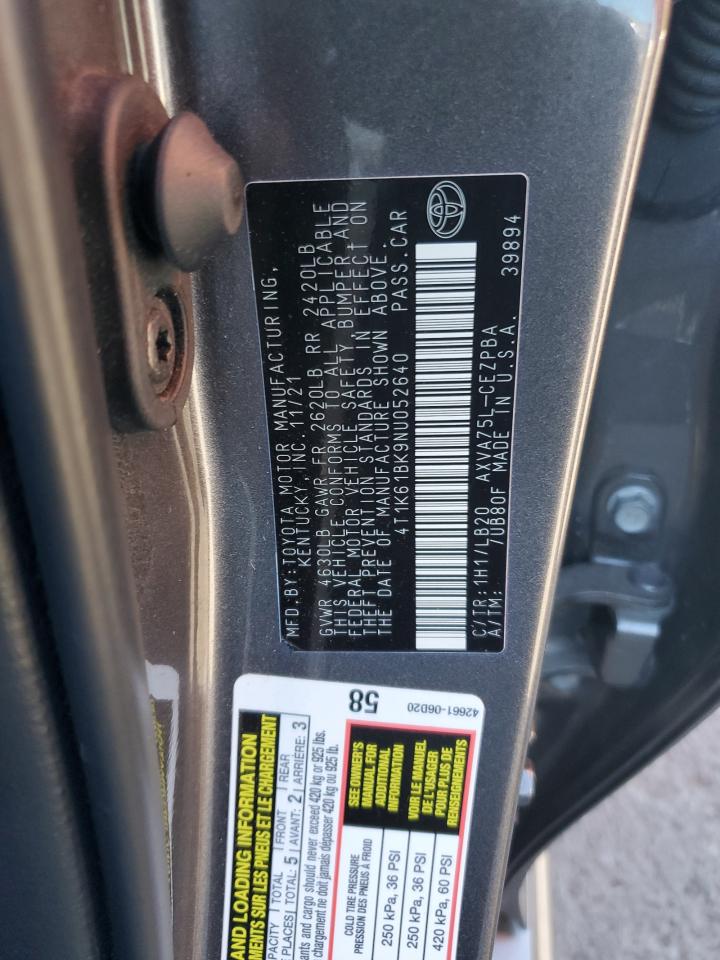 2022 TOYOTA CAMRY XSE VIN:4T1K61BK9NU052640