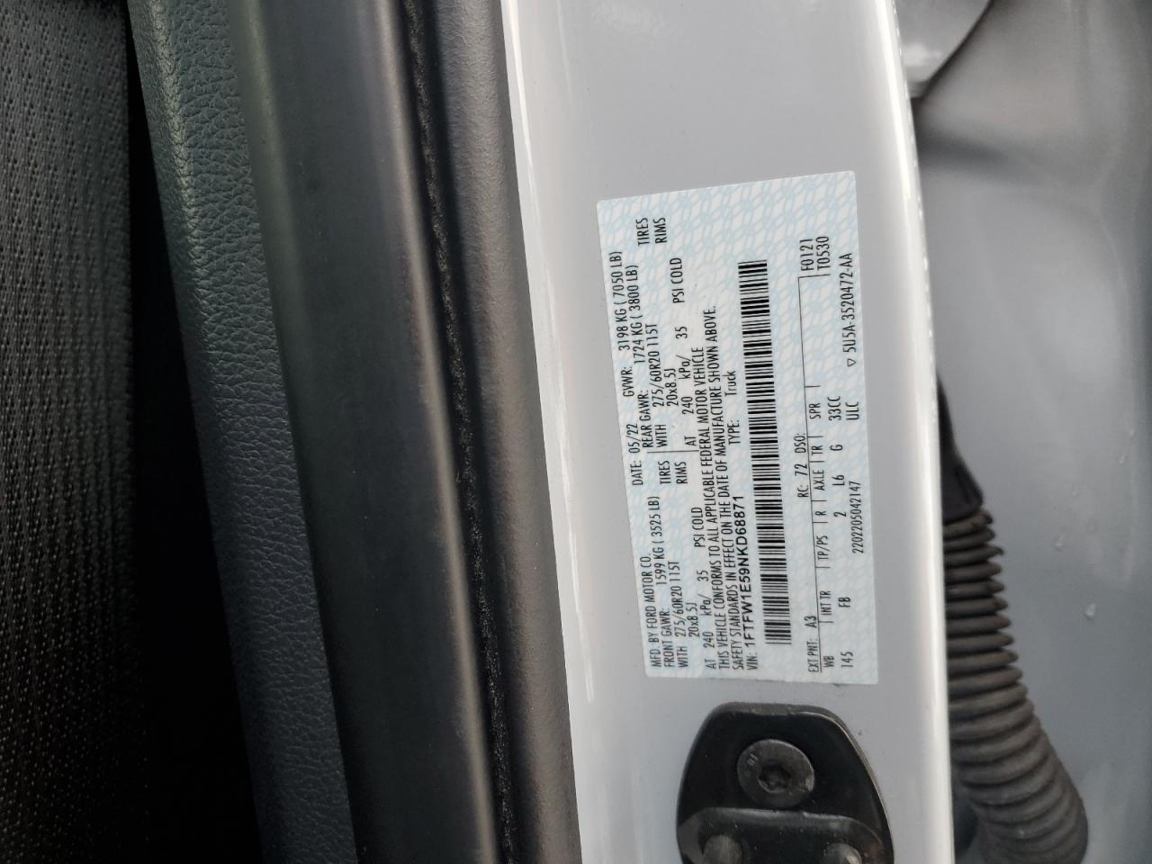2022 FORD F150 SUPERCREW VIN:1FTFW1E59NKD68871
