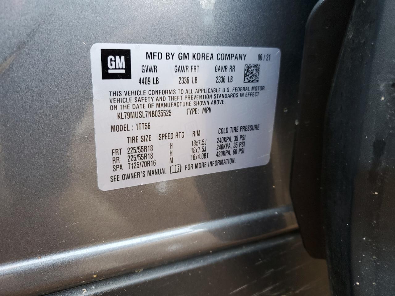 2022 CHEVROLET TRAILBLAZER RS VIN:KL79MUSL7NB035525