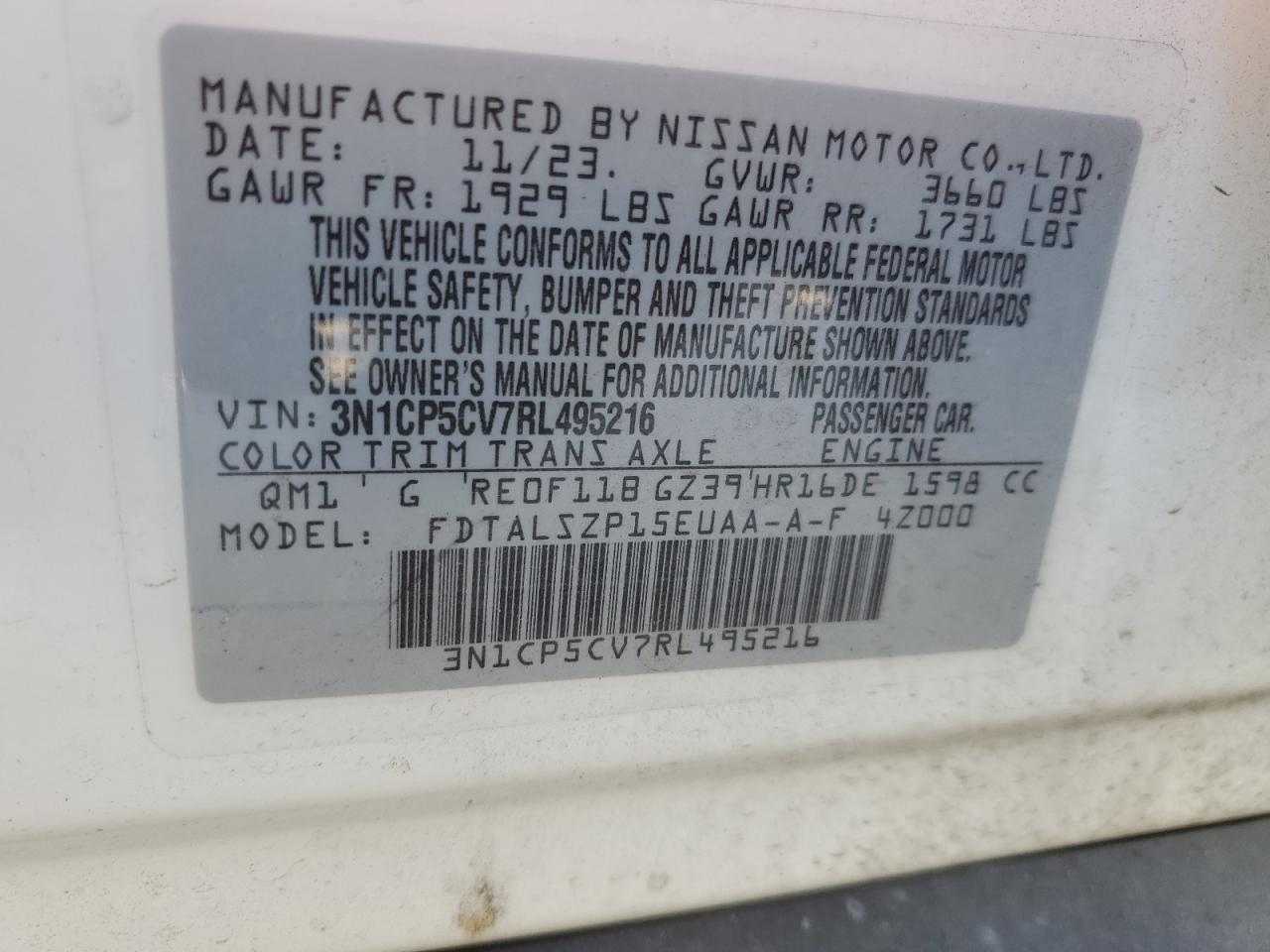 2024 NISSAN KICKS SV VIN:3N1CP5CV7RL495216