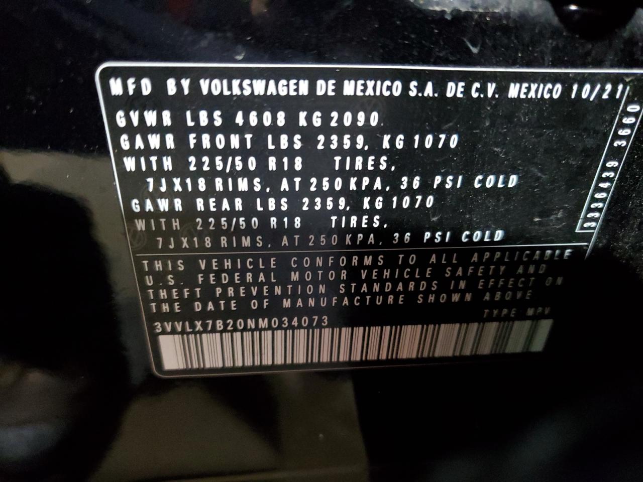 2022 VOLKSWAGEN TAOS SE IQ DRIVE VIN:3VVLX7B20NM034073