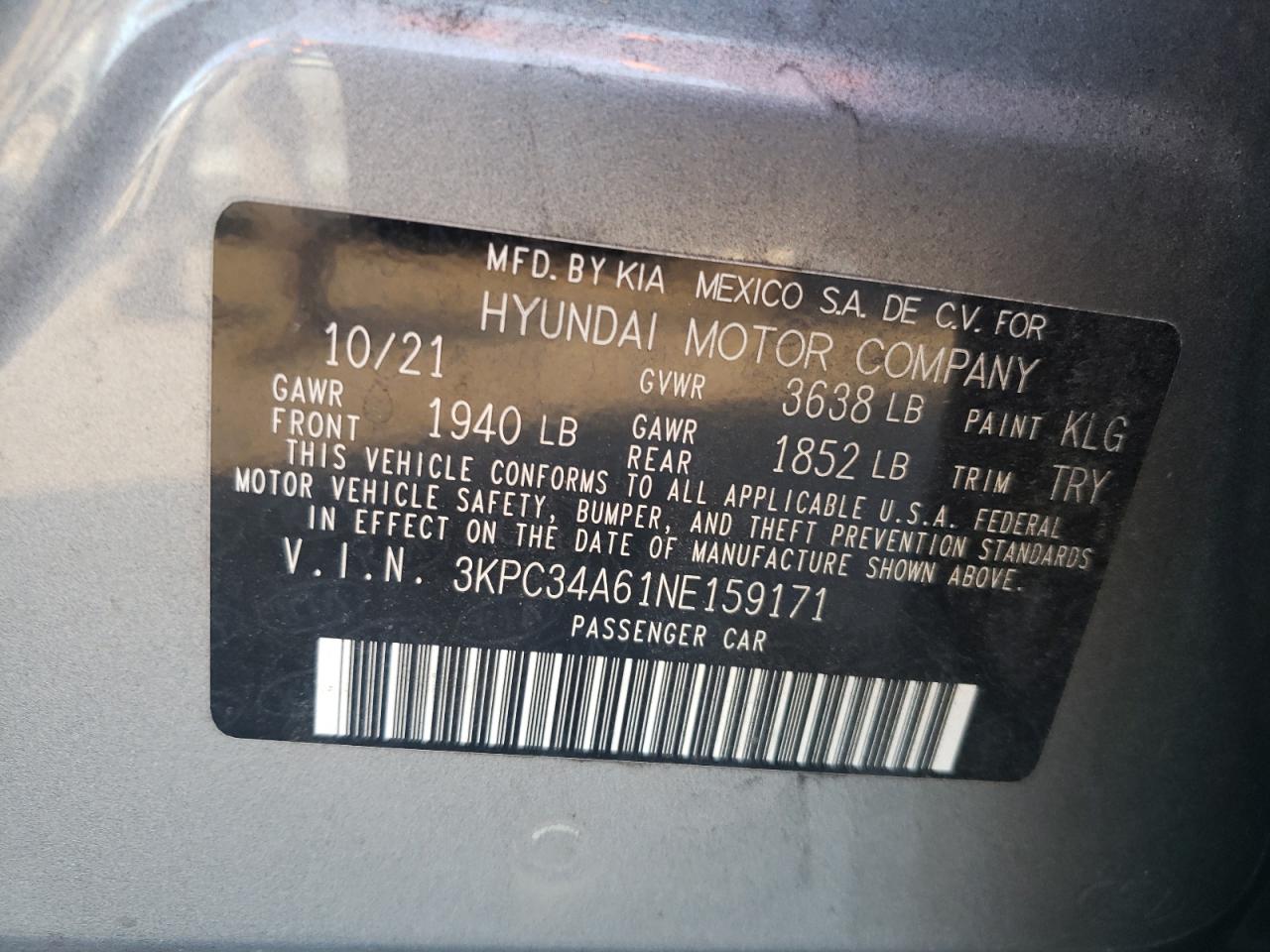 2022 HYUNDAI ACCENT LIMITED VIN:3KPC34A61NE159171