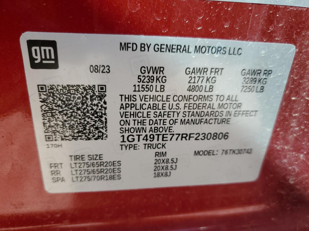 2024 GMC SIERRA K3500 SLE VIN:1GT49TE77RF230806