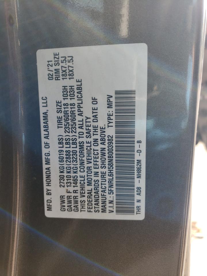 2022 HONDA ODYSSEY EX VIN:5FNRL6H58NB003982