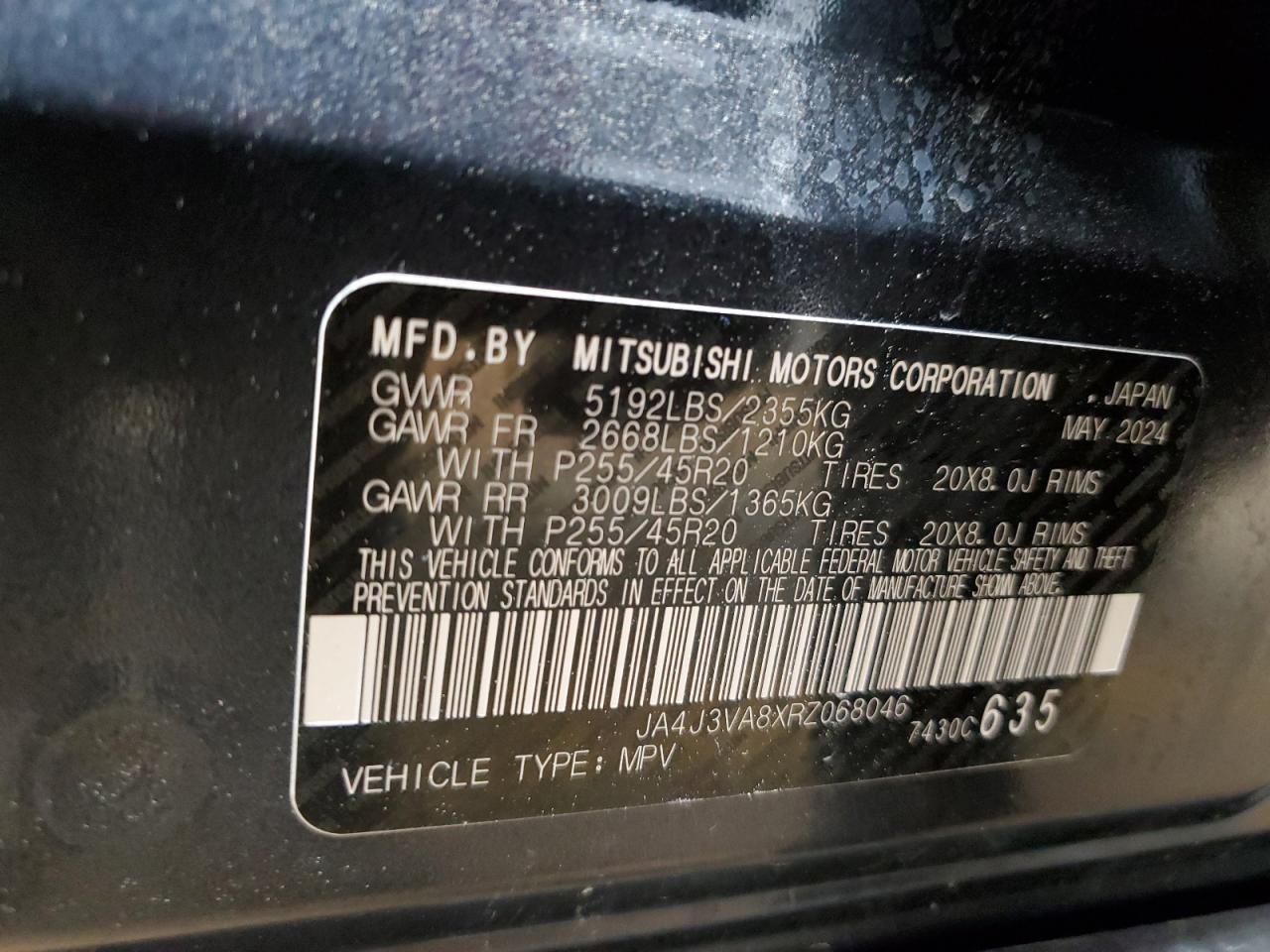 2024 MITSUBISHI OUTLANDER SE VIN:JA4J3VA8XRZ068046