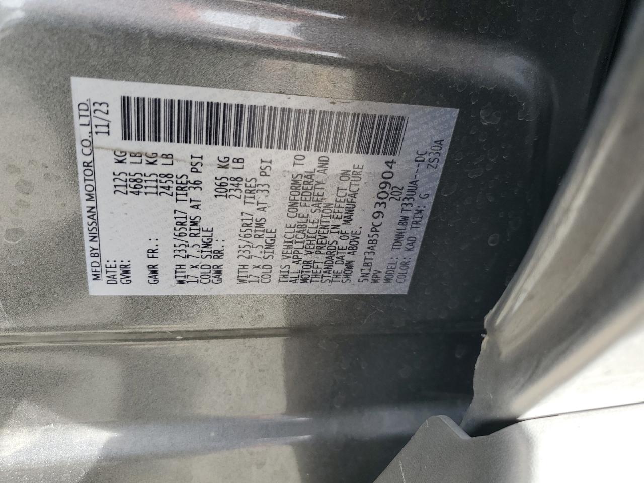 2023 NISSAN ROGUE S VIN:5N1BT3AB5PC930904