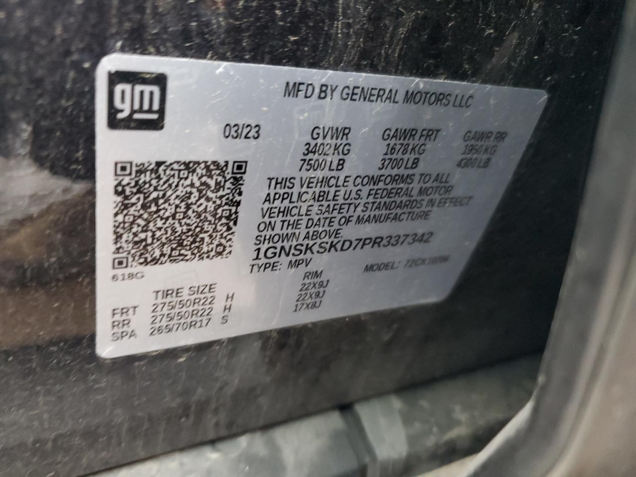 2023 CHEVROLET TAHOE K1500 PREMIER VIN:1GNSKSKD7PR337342