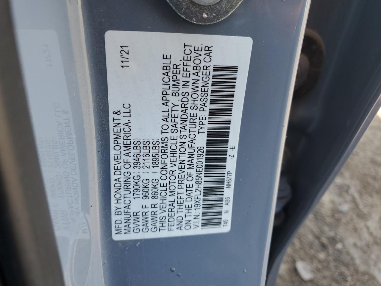 2022 HONDA CIVIC SPORT VIN:19XFL2H85NE001926