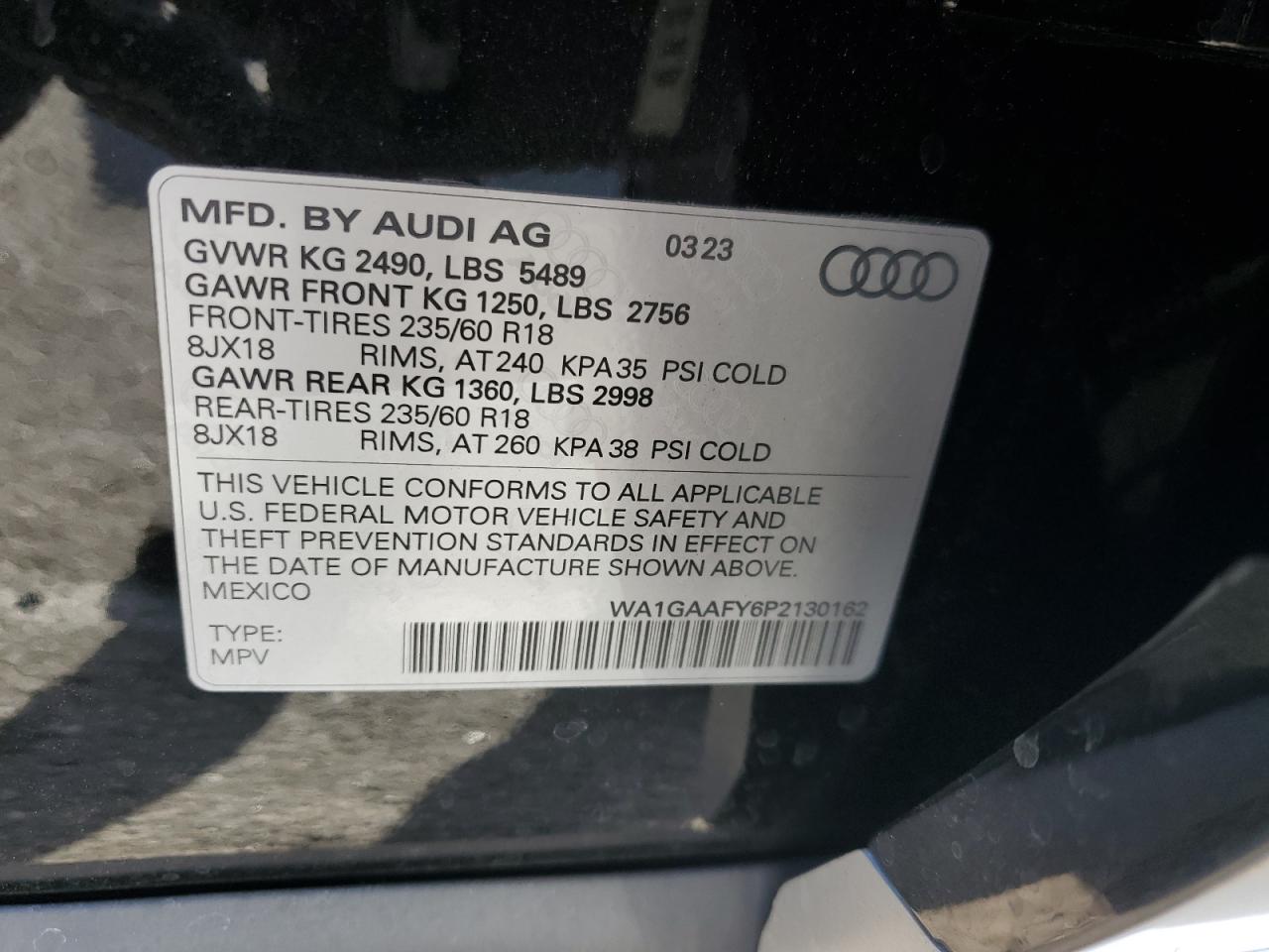 2023 AUDI Q5 PREMIUM 45 VIN:WA1GAAFY6P2130162